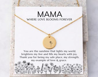 Sentimental Wildflower Card For Mom With Bitrhflower Necklace & Birthstone Charm Birthday for Mom  Idea of Gratitude Thank You Mama Pin Note