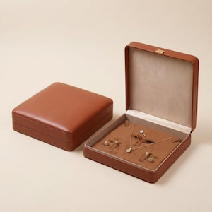 May include: A brown leather jewellery box, open to show a necklace, ring, and earrings. The box is square with a soft interior and a matching lid. The jewellery is gold-toned with clear gemstones.