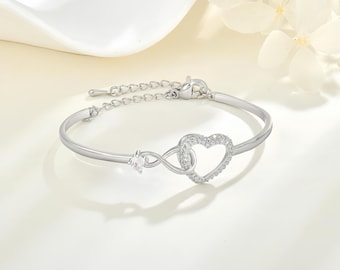 Infinite U - Braccialetto regolabile in argento Sterling 925 con zirconia cubica, a forma di stella, a forma di cuore, colore: Argento