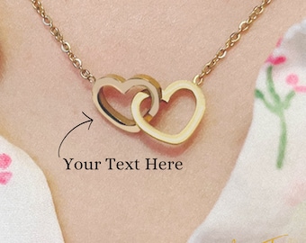 Custom Name Intertwined Double Heart Necklace, Personalized Interlocking Tiny Necklace Jewelry, Trendy Gold & Silver Linked Magical Heart s