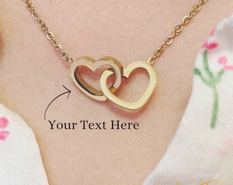 Aangepaste naam met elkaar verweven dubbele hart ketting, gepersonaliseerde in elkaar grijpende kleine ketting sieraden, trendy goud & zilver gekoppeld magisch hart s