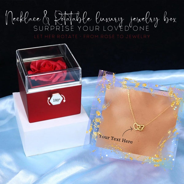 Collar de doble corazón, colgante con nombre personalizado con caja de rosa eterna, joyería de collar pequeño personalizada, regalo de aniversario, caja de rosa eterna