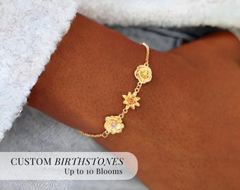 Custom Birth Flower Bracelet Mother's Day Gift Gold Cuff Bloom Pendant Wristband Birth Month Floral Bangle Gift For Mum Armlet Grandma Idea