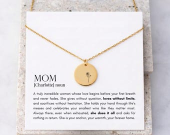 Personalized Sentimental Card For Mom Birthflower Necklace&Birthstone Charm Mama Birthday Gift Idea Gratitude Mom Thank You Dictionary Note