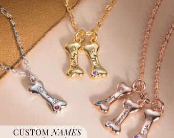 Bone Shaped Name Charm Necklace for Woman Multiple Dog Owner Paw Print Jewelry Dog Mama Birthday Gift Birthstone Crystal Memorial Keepsake