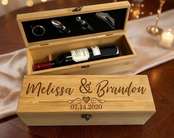 Personalized Name Wooden Wine Box Set with Wine Accessory Engraved Name&Date Wedding Anniversary Gift For Him Her Bottle Storage Set Couple