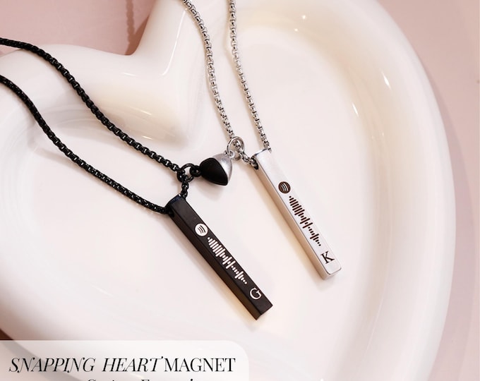 Custom Song Code Necklace Snapping Heart Pendant For Couple Anniversary Idea Keepsake For Song Lover Matching Engraved Initial Bar BFF Charm