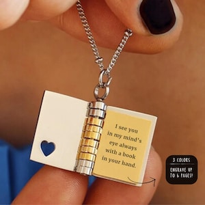 Gepersonaliseerde boekmedaillonketting met aangepaste gegraveerde pagina's voor haar sentimenteel cadeau aandenken te openen miniboek verjaardagsidee verjaardag