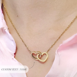 Custom Name Intertwined Double Heart Necklace Personalized Interlocking Tiny Necklace Jewelry Trendy Gold & Silver Linked Magical Heart