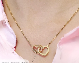 Custom Name Intertwined Double Heart Necklace Personalized Interlocking Tiny Necklace Jewelry Trendy Gold & Silver Linked Magical Heart