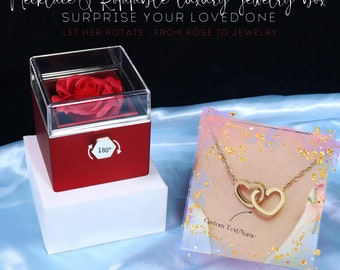 Interlocking Heart Necklace Custom Name Pendant With Eternal Rose Box Personalized Tiny Necklace Jewelry Anniversary Gift Eternal Rose Box