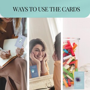 Pode incluir: Tr&ecirc;s maneiras diferentes de usar cart&otilde;es de afirma&ccedil;&atilde;o. Uma pessoa est&aacute; escrevendo em um di&aacute;rio com um cart&atilde;o na m&atilde;o. Outra pessoa est&aacute; olhando para um espelho com um cart&atilde;o colado no espelho. Um frasco de vidro cheio de cart&otilde;es enrolados.