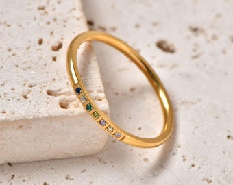Custom Birthstone Ring Tiny Stone Band for Best Friends Dainty Birth Stackable Bestie Birthday Idea Soul Sister Road Trip Keepsake Gift
