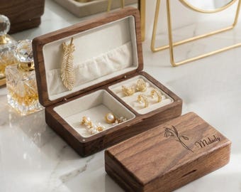 Personalized Wooden Jewelry Box For Her Birthflower&Name Engraved Necklace Ring Storage Case Organizer Birthday Gift Travel Case Bridesmaid
