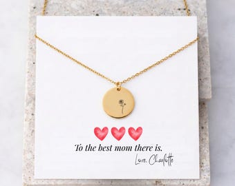 Sentimental Card For Mom Birthflower Coin Necklace & Birthstone Charm Mother's Day Gift Idea of Gratitude Thank You Note With Floral Pendant