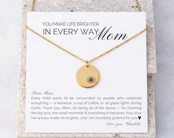 Sentimental Card For Mom With Sunflower Necklace & Birthstone Charm Mother's Day Gift Idea of Gratitude Thank You Mom Note Floral Pendant