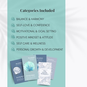 Pode incluir: Um conjunto de cartas de afirma&ccedil;&atilde;o com um tema oce&acirc;nico azul e branco. As cartas apresentam uma concha, uma concha de aquarela e uma concha com um design de peixe. As cartas s&atilde;o intituladas "The Ocean Whispers" e incluem categorias como equil&iacute;brio e harmonia, amor pr&oacute;prio e confian&ccedil;a, motiva&ccedil;&atilde;o e estabelecimento de objetivos, mentalidade positiva e atitude, autocuidado e bem-estar, e crescimento pessoal e desenvolvimento.