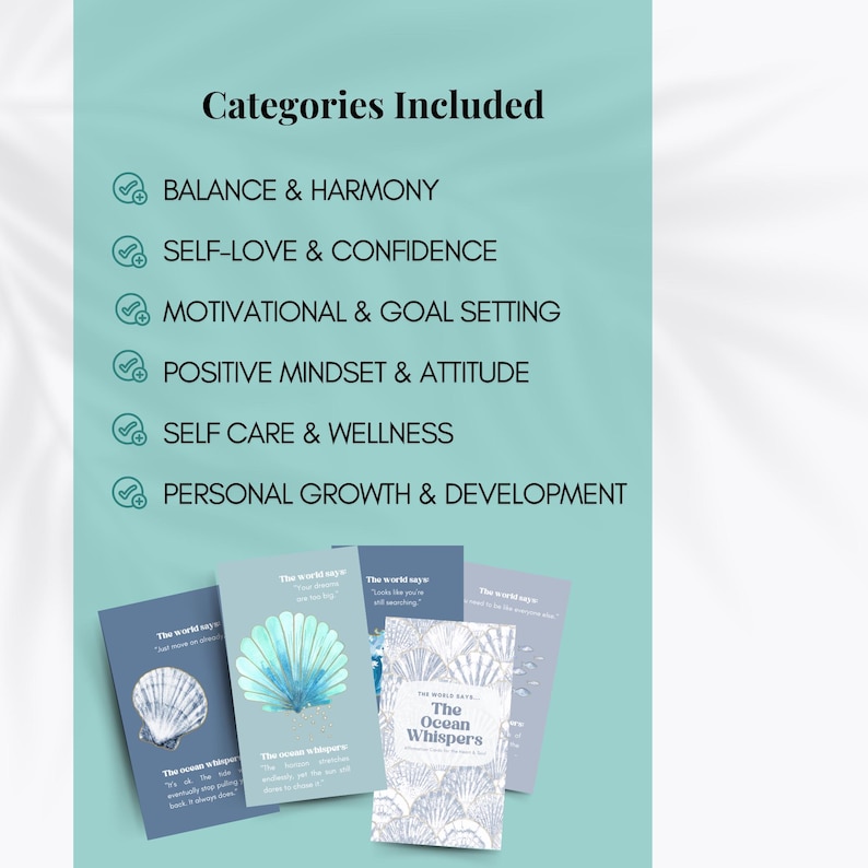 Pode incluir: Um conjunto de cartas de afirma&ccedil;&atilde;o com um tema oce&acirc;nico azul e branco. As cartas apresentam uma concha, uma concha de aquarela e uma concha com um design de peixe. As cartas s&atilde;o intituladas "The Ocean Whispers" e incluem categorias como equil&iacute;brio e harmonia, amor pr&oacute;prio e confian&ccedil;a, motiva&ccedil;&atilde;o e estabelecimento de objetivos, mentalidade positiva e atitude, autocuidado e bem-estar, e crescimento pessoal e desenvolvimento.