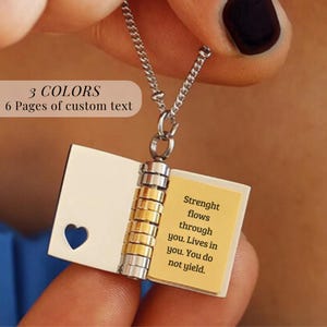 Collar con colgante de medallón de libro pequeño de plata personalizado, collar con mensaje, regalo de dama de honor, regalo de recuerdo para novia