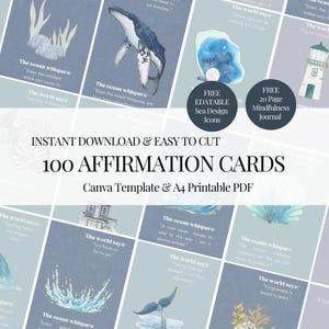 Baraja de cartas digitales positivas imprimible en formato PDF con 100 afirmaciones del océano, tablero de visión, calcomanía motivacional de atención plena, diario de calma mental gratuito