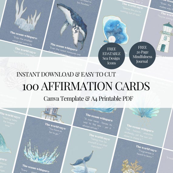 100 Affirmation Ocean Card PDF Printable Positive Digital Card Deck Vision Board Mindfulness Motivational Sticker Free Calming Mind Journal