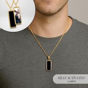 Onyx Heat Activated Photo Inside Necklace with Black Onyx Stone Hidden Picture Jewelry For Men Vertical Heat Photo Charm For Woman Memorial