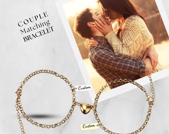 Custom Paired Heart Magnetic Couple Bracelets Personalized Text Symbol Engraved Adjustable Bracelets Lover Couple Gift Valentine's Day