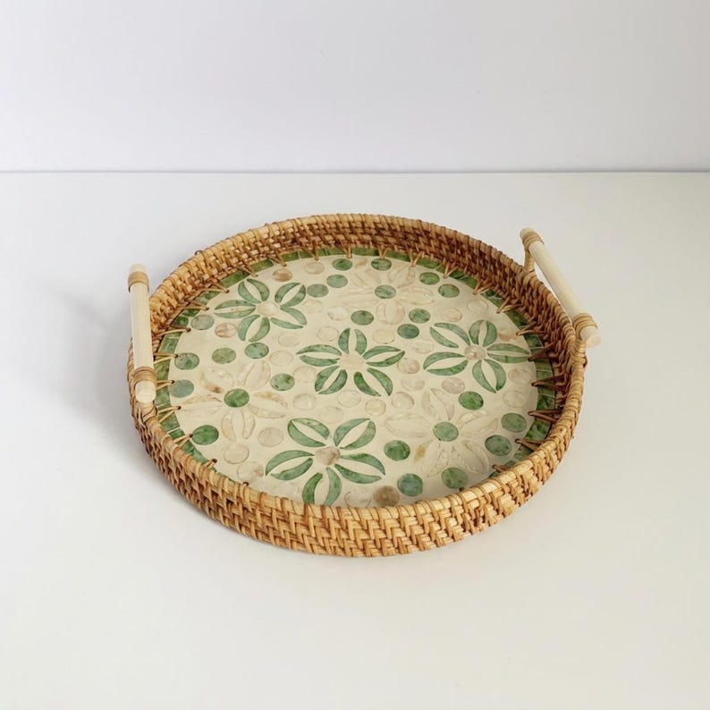 Statistical Table Shells Design Handmade Rattan Floral Tray Mother of Pearl Inlay Boho Shell Home Decor ...
