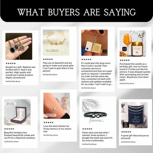 Pode incluir: Uma colagem de avalia&ccedil;&otilde;es de clientes para produtos da loja Etsy. As avalia&ccedil;&otilde;es apresentam uma variedade de produtos, incluindo um colar, uma pulseira, uma vela, uma caixa e uma toalha. As avalia&ccedil;&otilde;es s&atilde;o todas positivas e destacam a qualidade dos produtos e o excelente atendimento ao cliente.