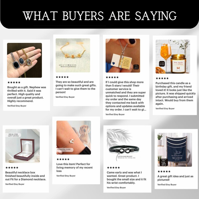 Pode incluir: Uma colagem de avalia&ccedil;&otilde;es de clientes para produtos da loja Etsy. As avalia&ccedil;&otilde;es apresentam uma variedade de produtos, incluindo um colar, uma pulseira, uma vela, uma caixa e uma toalha. As avalia&ccedil;&otilde;es s&atilde;o todas positivas e destacam a qualidade dos produtos e o excelente atendimento ao cliente.