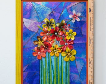 Flower Mosaic Wall Art Framed Glass Mosaic Colorful Flower Print Floral Mosaic Flowers Art Home Decor Abstract Floral Glass Print Colorful