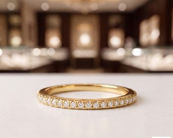 Dainty Moissanite Half Eternity Band, Micro Pave Stacking Ring, 14K White Gold Anniversary Band
