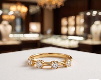 14K Yellow Gold Moissanite Band, Round Cut Stacking Wedding Ring