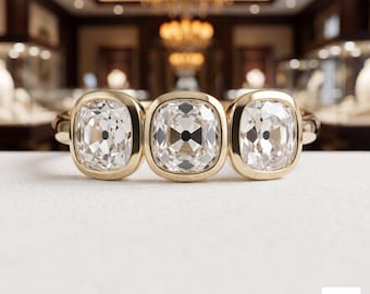 14K Yellow Gold Cushion Moissanite 3 Stone Ring, Bezel Set Engagement Bridal Jewelry
