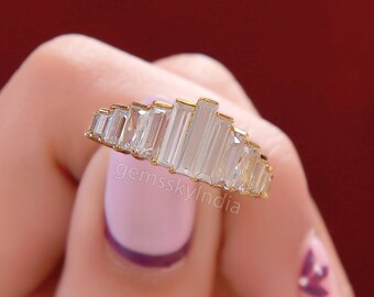 Stap baguette geslepen ring, moissanite verticale baguette diamanten ring, baguette geslepen moissanite verlovingsring, 14 kt geelgouden trouwring
