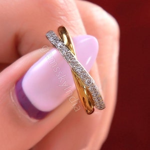 14K Yellow Gold Criss -Cross Diamond Ring, X Ring, Cross Over Ring, Round Colorless Moissanite Engagement Ring, Wedding Ring