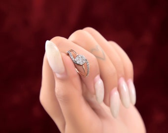 Anillo de boda de derivación de diamantes moissanita de corte redondo, anillo de remolino de oro amarillo 14, anillos de compromiso de diamantes para mujeres, joyería hecha a mano