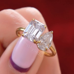 Pear And Radiant Cut Moissanite Wedding Ring, 14K Yellow Gold Two Stone Moissanite Engagement Ring, Toi Et Moi Ring  Anniversary Ring