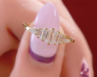 Baguette Moissaniet verlovingsring, 14k geelgouden trouwring, antieke bijpassende ring, stokbrood diamanten ring, belofte jubileumring