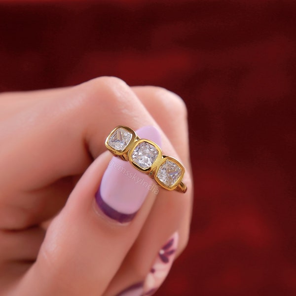 Cushion Cut Moissanite Ring, Three Stone Wedding Ring, 14K Yellow Gold Bezel Setting Ring, Three Stone Ring, Wedding Anniversary Gift