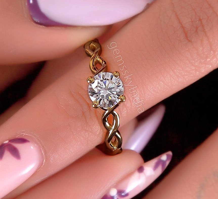 0.65CT Round Cut Moissanite Solitaire Engagement Ring,14K Solid Yellow Gold Celtic Knot Twist Band,Prong Set Anniversary Ring, Handmade Ring