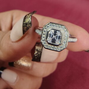 Anillo de compromiso victoriano de 1,5 quilates con halo de engaste en bisel de moissanita de corte Ascher, anillo de estilo antiguo de oro blanco de 14 quilates, anillo de bodas, anillo nupcial