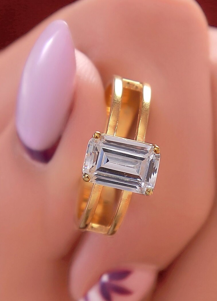 1,70 CT Emerald Cut Solitaire Moissaniet verlovingsring, 14K geelgouden dubbele band bruiloft bruids set ring, handgemaakte verjaardagsring