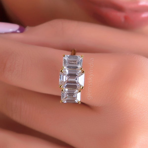 Three Stone Emerald Cut Moissanite Engagement Ring,14k Yellow Gold Vintage Wedding Ring, Promise Ring, Anniversary Ring Gift