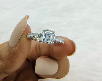 2CT Asscher Cut Solitaire Moissanite Verlovingsring, 14K witgoud volledige eeuwigheid trouwring, handgemaakte bijpassende ring