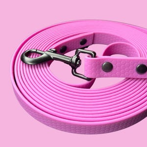 Pode incluir: Uma trela para cão cor-de-rosa brilhante com um padrão de favo de mel texturado em toda a fita. A trela apresenta um mosquetão giratório de metal preto mate fixado na extremidade com dois rebites circulares escuros.