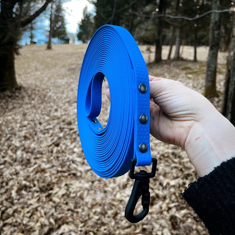 Durable CUSTOM Long Leash with Hexa Water-Resistant Webbing – Designed for long line training, this waterproof and adjustable dog leash excels in durability and performance. Its robust construction stands up to wet conditions and heavy use, making it ideal for tracking, training, or outdoor explorations. The adjustable design ensures a perfect fit for dogs of any size while delivering reliable control and comfort, even in challenging weather.