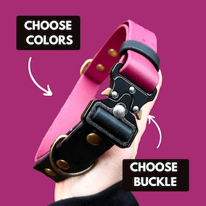 Può includere: Un collare per cani rosa e nero con fibbia nera e finiture color oro. Il testo "CHOOSE COLORS" e "CHOOSE BUCKLE" è visualizzato sull'immagine.
