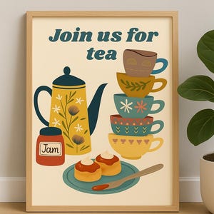 Cream Tea Print: Mid-Century Kitchen Art, Teapot & Scones