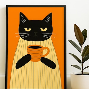 Black Cat Coffee Poster: Minimalist Retro Kitchen Art Print
